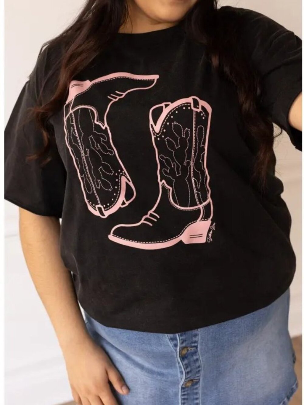 Pink Western Boots on Black Crewneck T-Shirt